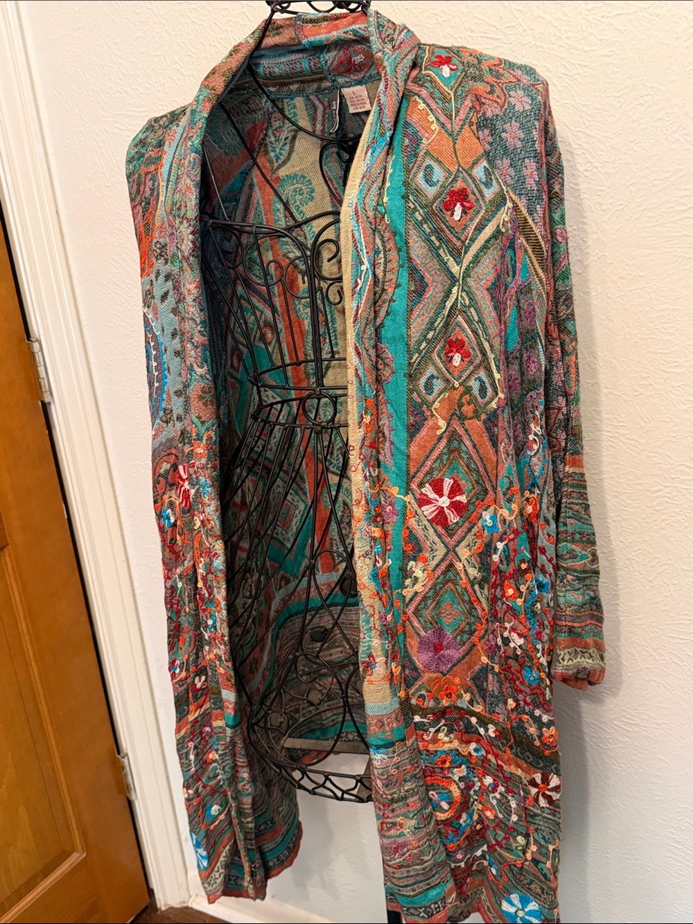 ๐๐๐BOGOHO๐๐๐Anu Boho Paisley Open-Front Cardigan in Teal & Rust-Large - Picture 11 of 12